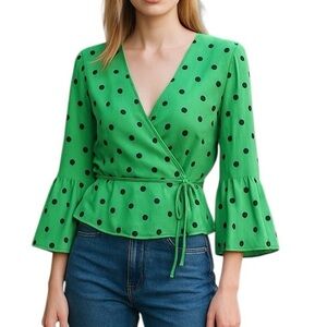 Ganni Dainty Georgette Green Polka Dot Bell Sleeve Wrap Top Women’s EU 36